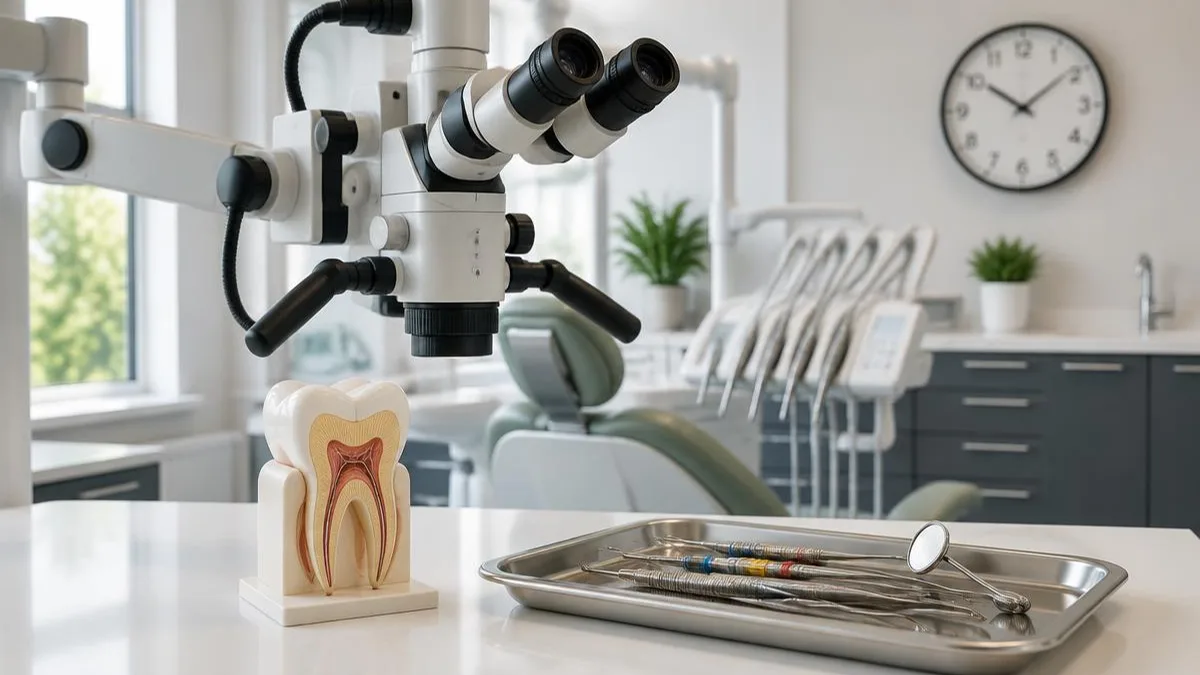 Ilustración hiperrealista de un microscopio dental, un modelo de muela, instrumental endodóntico y un reloj en un consultorio