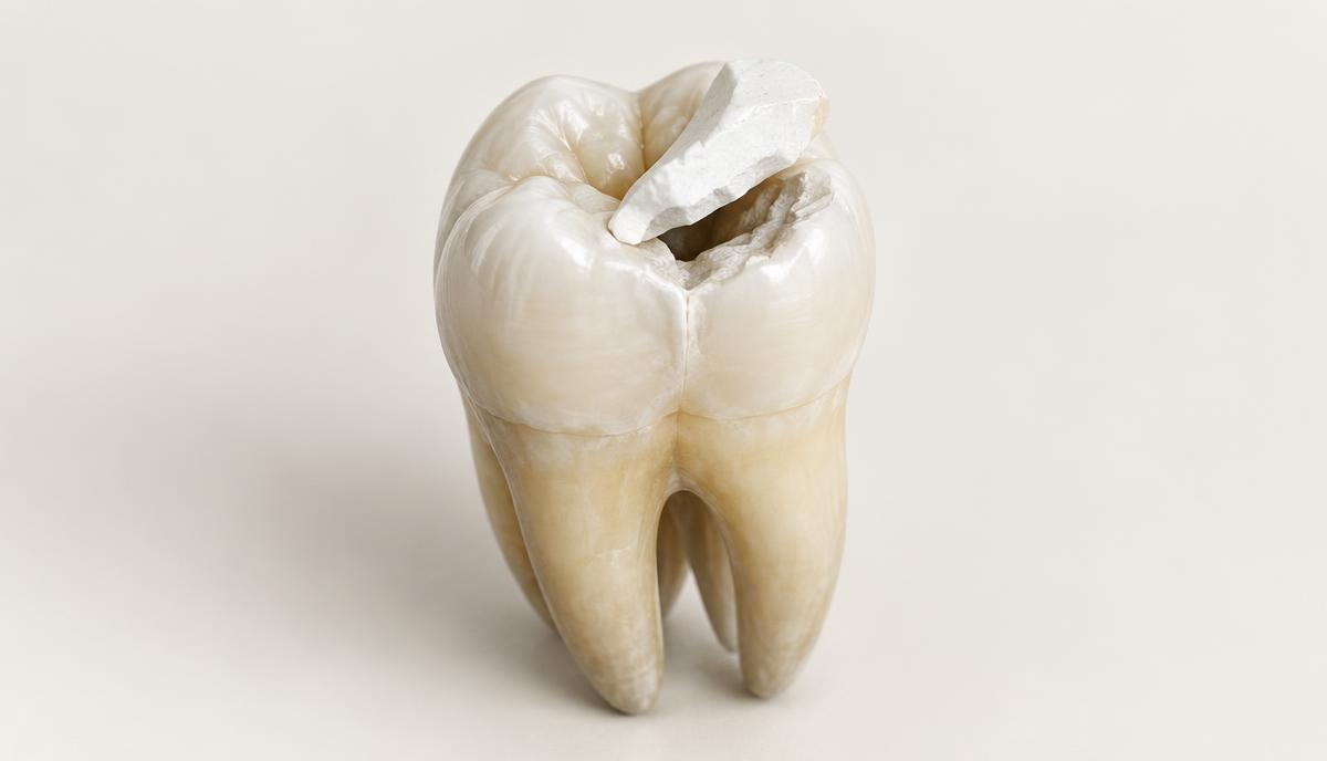 Ilustración de una muela con empaste provisional parcialmente desprendido durante una endodoncia